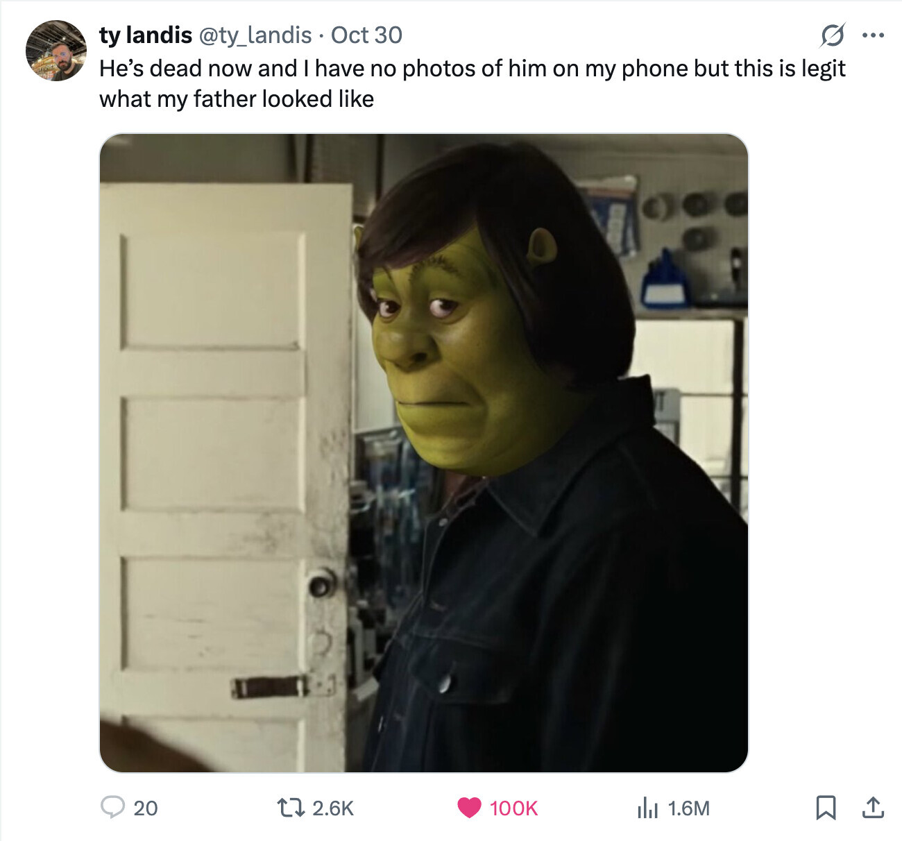 ty landis @ty_landis Oct 30 ... He's dead now and I have no photos of him on my phone but this is legit what my father looked like 20 2.6K 100K del 1.6M