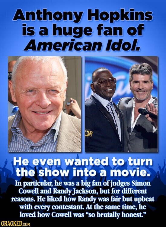 Anthony Hopkins is a huge fan of American Idol. Не even wanted to turn the show into a movie. In particular, he was a big fan of judges Simon Cowell and Randy Jackson, but for different reasons. Не liked how Randy was fair but upbeat with every contestant. At the same time, he loved how Cowell was so brutally honest. CRACKED.COM