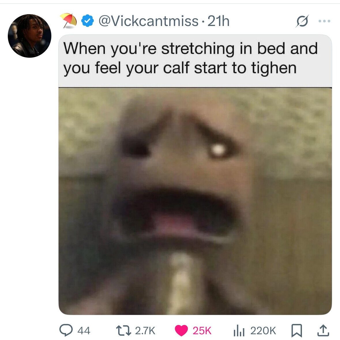 @Vickcantmiss. 21h G ... When you're stretching in bed and you feel your calf start to tighen 2.7K 25K 44 220K 