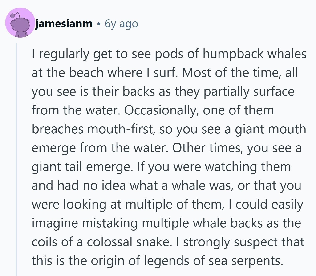 jamesianm . 6y ago I regularly get to see pods of humpback whales at the beach where I surf. Most of the time, all you see is their backs as they partially surface from the water. Occasionally, one of them breaches mouth-first, so you see a giant mouth emerge from the water. Other times, you see a giant tail emerge. If you were watching them and had no idea what a whale was, or that you were looking at multiple of them, I could easily imagine mistaking multiple whale backs as the coils of a colossal snake. I strongly suspect 