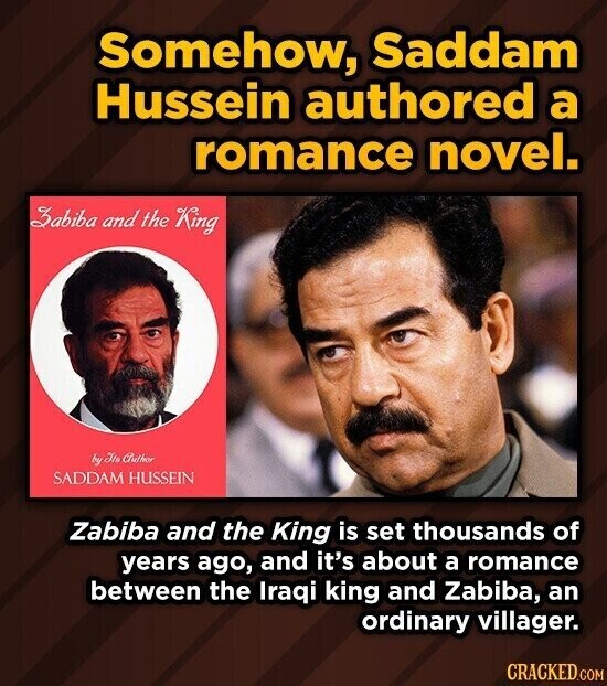 Somehow, Saddam Hussein authored a romance novel. Zabiba and the King by Its Author SADDAM HUSSEIN Zabiba and the King is set thousands of years ago, and it's about a romance between the Iraqi king and Zabiba, an ordinary villager. CRACKED.COM