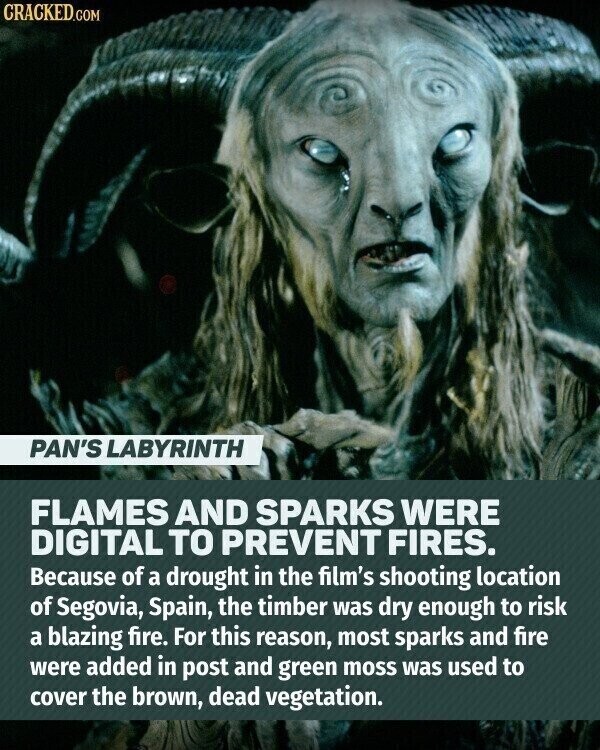 CRACKED.COM PAN'S LABYRINTH FLAMES AND SPARKS WERE DIGITAL TO PREVENT FIRES. Because of a drought in the film's shooting location of Segovia, Spain, the timber was dry enough to risk a blazing fire. For this reason, most sparks and fire were added in post and green moss was used to cover the brown, dead vegetation.