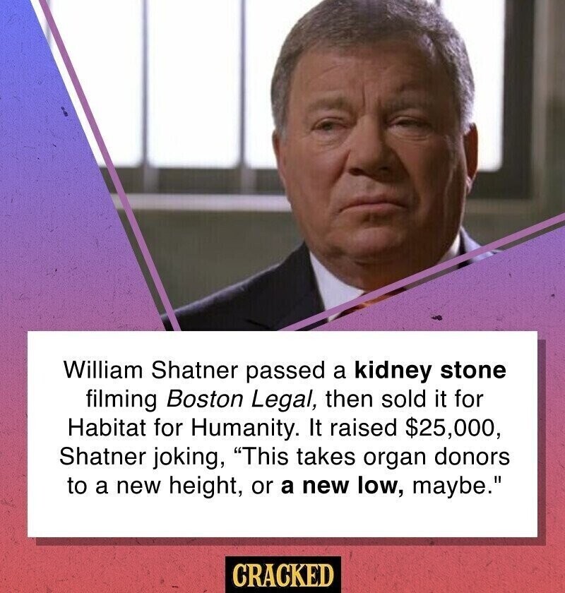 William Shatner passed a kidney stone filming Boston Legal, then sold it for Habitat for Humanity. It raised $25, 000, Shatner joking, This takes organ donors to a new height, or a new low, maybe. CRACKED