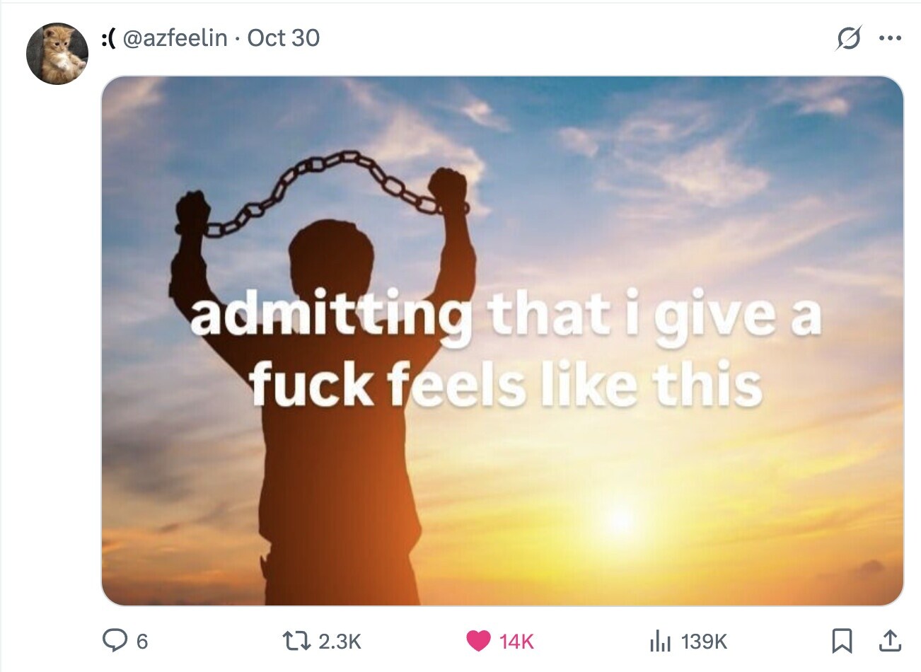 :( @azfeelin Oct 30 S ... admitting that i give a fuck feels like this 6 2.3K 14K 139K