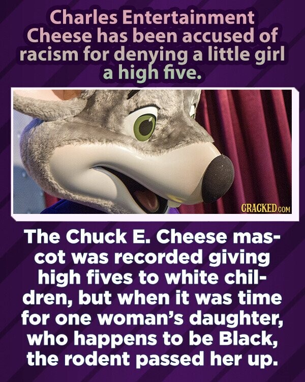 Charles Entertainment Cheese has been accused of racism for denying a little girl a high five. CRACKED.COM The Chuck Е. Cheese mas- cot was recorded giving high fives to white chil- dren, but when it was time for one woman's daughter, who happens to be Black, the rodent passed her up.