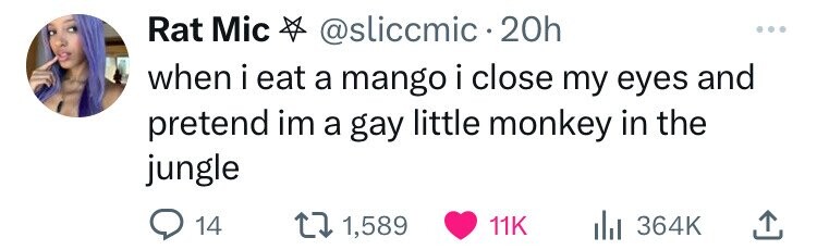 Rat Mic @sliccmic 20h when i eat a mango i close my eyes and pretend im a gay little monkey in the jungle 14 1,589 11K 364K