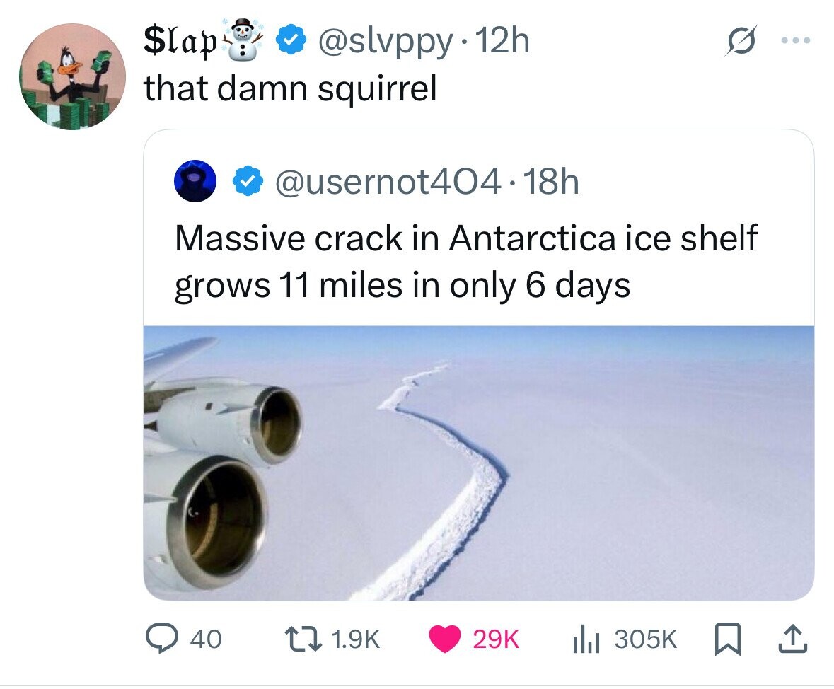 $lap @slvppy 12h that damn squirrel @usernot404.18h Massive crack in Antarctica ice shelf grows 11 miles in only 6 days 40 1.9K 29K del 305K 