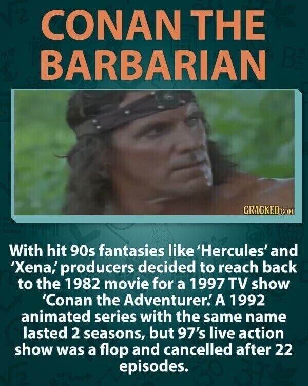 CONAN THE BE BARBARIAN CRACKED COM With hit 90s fantasies like 'Hercules' and 'Xena,' producers decided to reach back to the 1982 movie for a 1997 TV show 'Conan the Adventurer.' A 1992 animated series with the same name lasted 2 seasons, but 97's live action show was a flop and cancelled after 22 episodes.