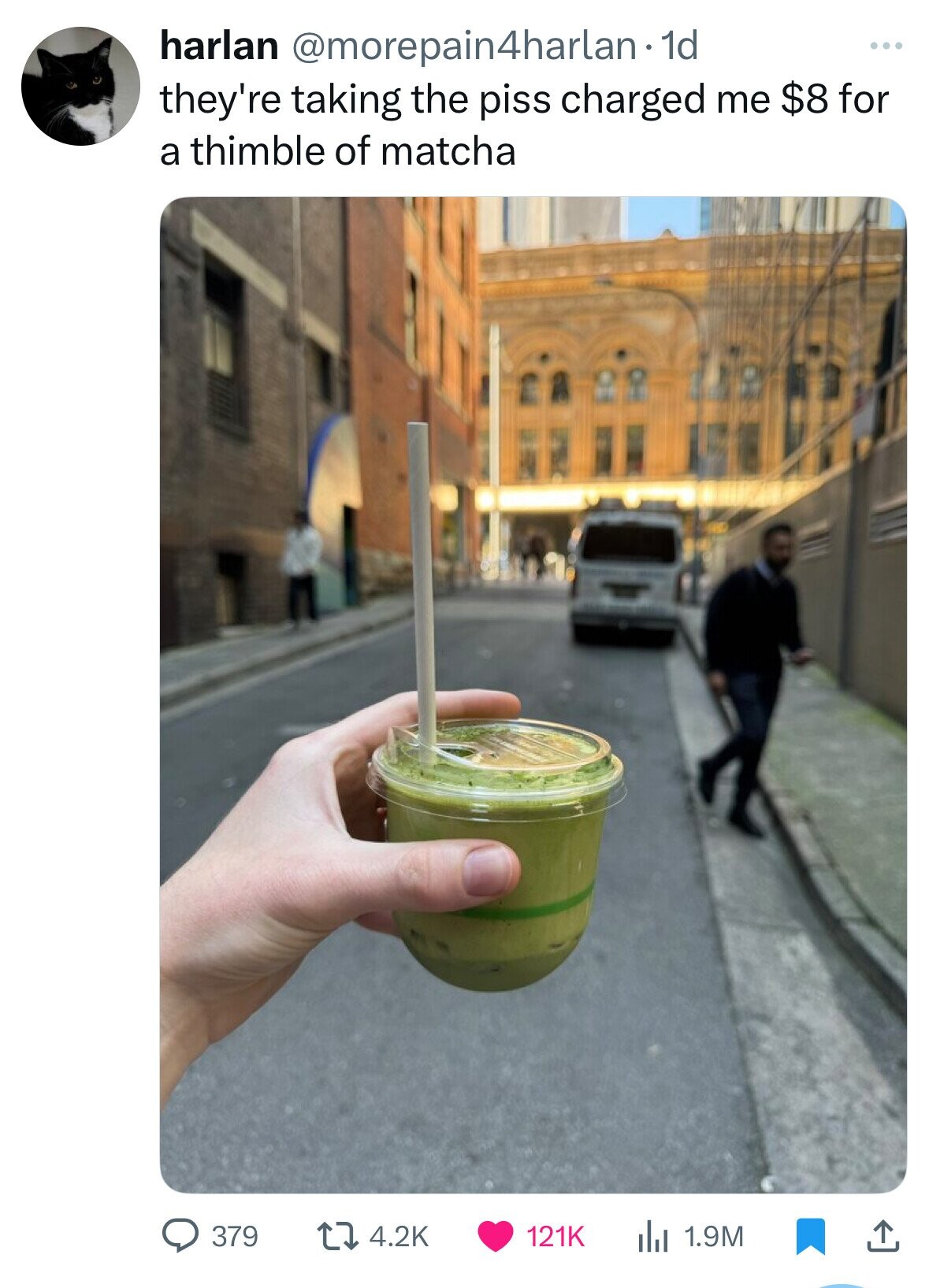 harlan @morepain4harlan-id ... they're taking the piss charged me $8 for a thimble of matcha 379 121K 4.2K 1.9M 