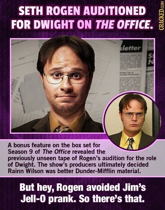 SETH ROGEN AUDITIONED FOR DWIGHT ON THE OFFICE. CRACKED.COM sletter S N A bonus feature on the box set for Season 9 of The Office revealed the previously unseen tape of Rogen's audition for the role of Dwight. The show's producers ultimately decided Rainn Wilson was better Dunder-Mifflin material. But hey, Rogen avoided Jim's Jell-0 prank. So there's that.