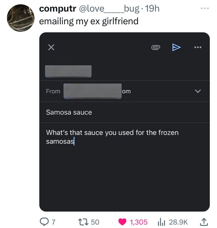 computr @love___bug.19h emailing my ex girlfriend X From om Samosa sauce What's that sauce you used for the frozen samosas 7 50 1,305 28.9K