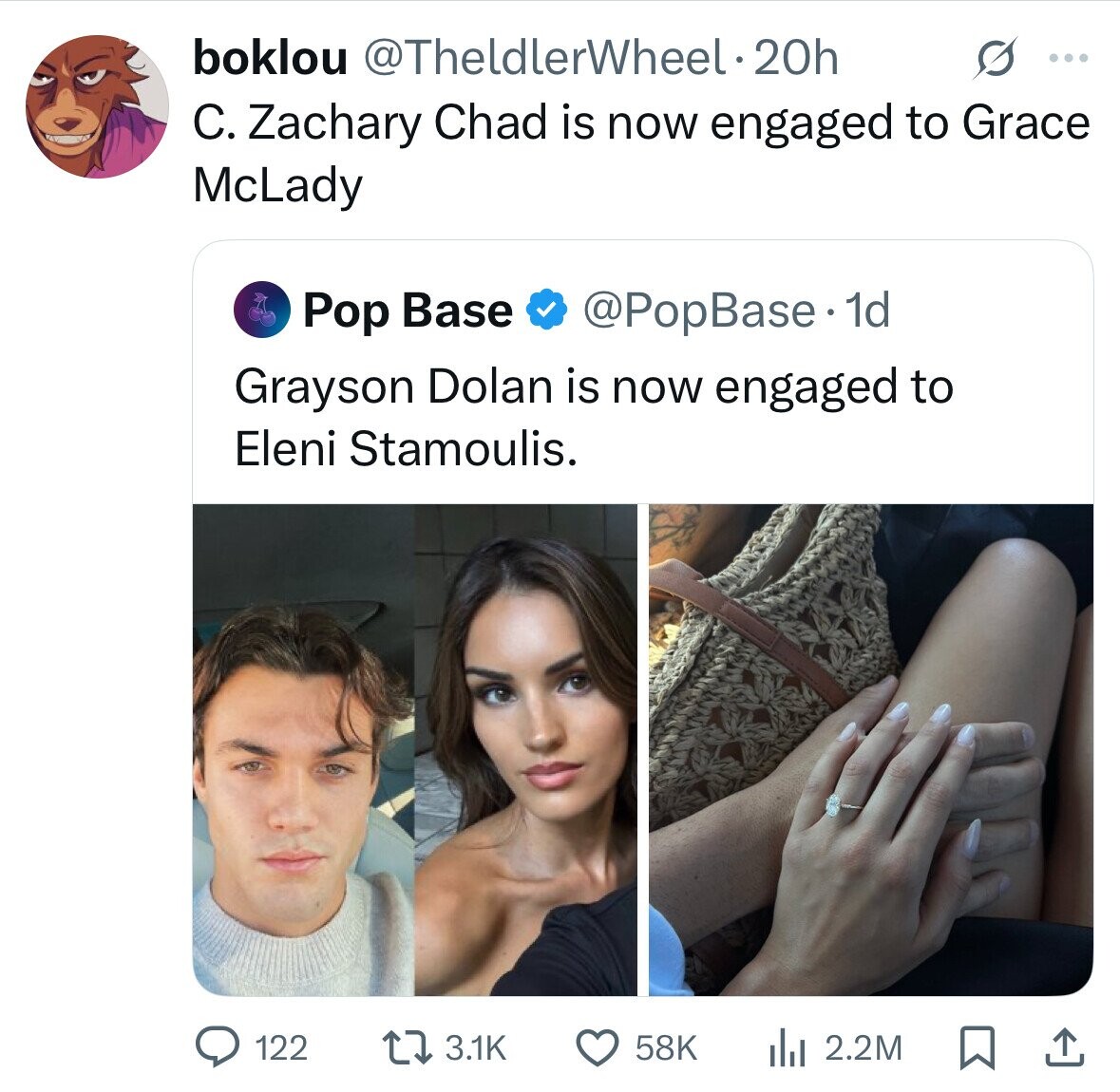 boklou @TheldlerWheel-20h ... C. Zachary Chad is now engaged to Grace McLady Pop Base @PopBase. 1d Grayson Dolan is now engaged to Eleni Stamoulis. 122 3.1K 58K 2.2M 