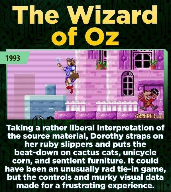 The Wizard of Oz 1993 CRACKED COM Taking a rather liberal interpretation of the source material, Dorothy straps on her ruby slippers and puts the beat-down on cactus cats, unicycle corn, and sentient furniture. It could have been an unusually rad tie-in game, but the controls and murky visual data made for a frustrating experience.