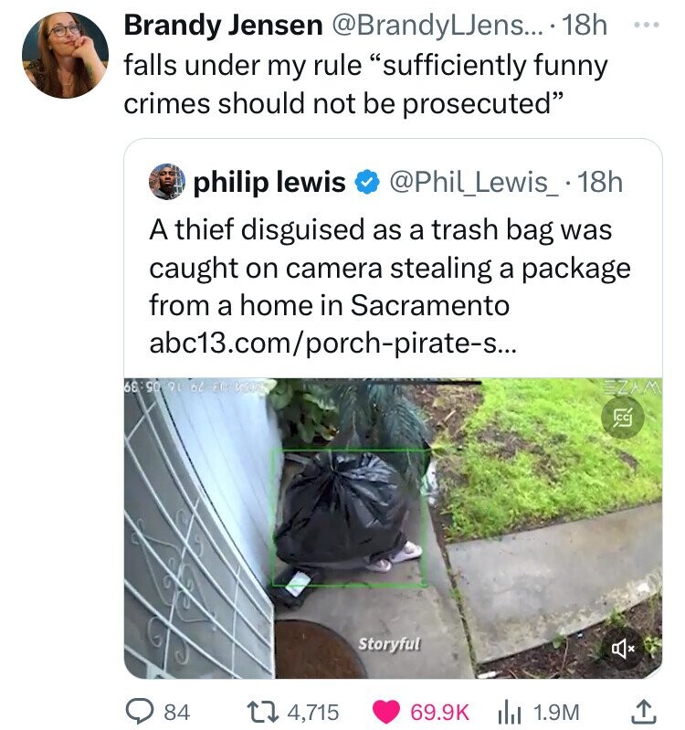 Brandy Jensen @BrandyLJens... 18h ... falls under my rule sufficiently funny crimes should not be prosecuted philip lewis @Phil_Lewis_.18h A thief disguised as a trash bag was caught on camera stealing a package from a home in Sacramento abc13.com/porch-piate-s_. 68:90 91 66-20 work SZAM CC Storyful 84 4,715 69.9K 1.9M