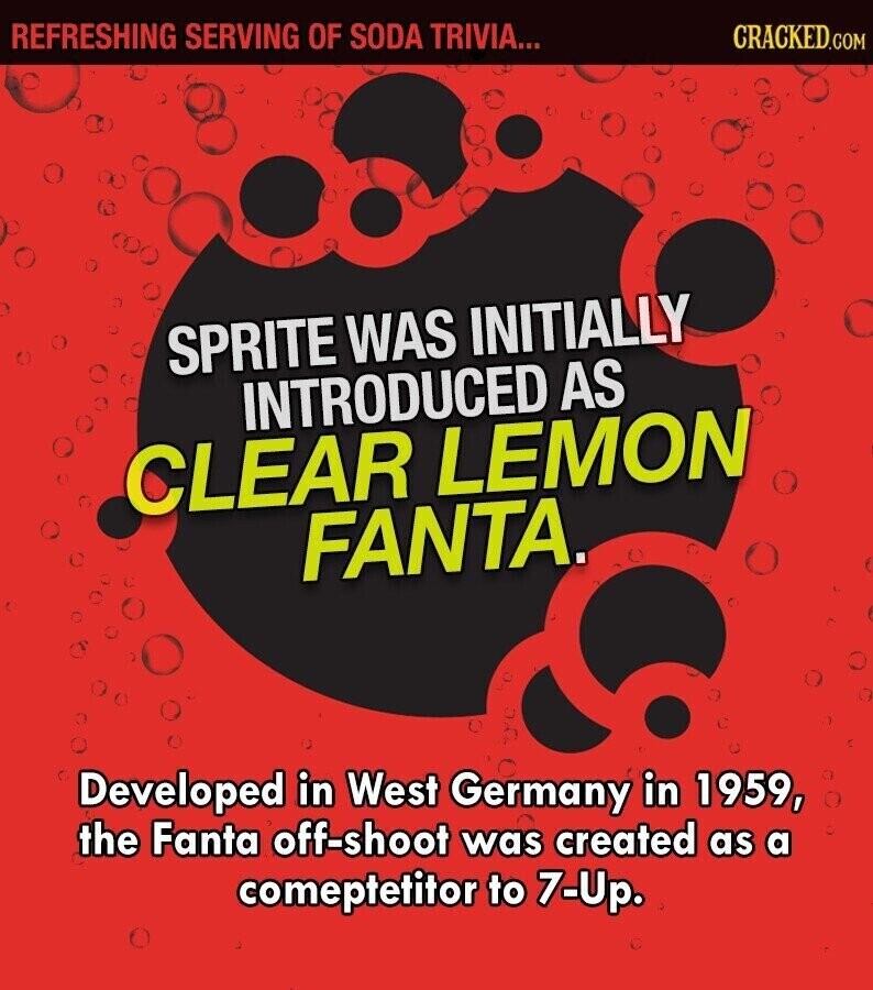 REFRESHING SERVING OF SODA TRIVIA... CRACKED.COM SPRITE WAS INITIALLY INTRODUCED AS CLEAR LEMON FANTA. Developed in West Germany in 1959, the Fanta off-shoot was created as a comeptetitor to 7-Up.