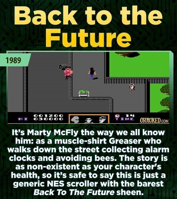 Back to the Future 1989 H E TIME GRACKED.COM It's Marty McFly the way we all know him: as a muscle-shirt Greaser who walks down the street collecting alarm clocks and avoiding bees. The story is as non-existent as your character's health, so it's safe to say this is just a generic NES scroller with the barest Back To The Future sheen.