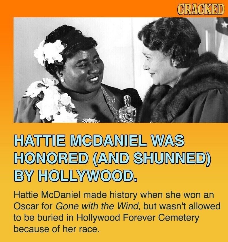 CRACKED HATTIE MCDANIEL WAS HONORED (AND SHUNNED) BY HOLLYWOOD. Hattie McDaniel made history when she won an Oscar for Gone with the Wind, but wasn't allowed to be buried in Hollywood Forever Cemetery because of her race.