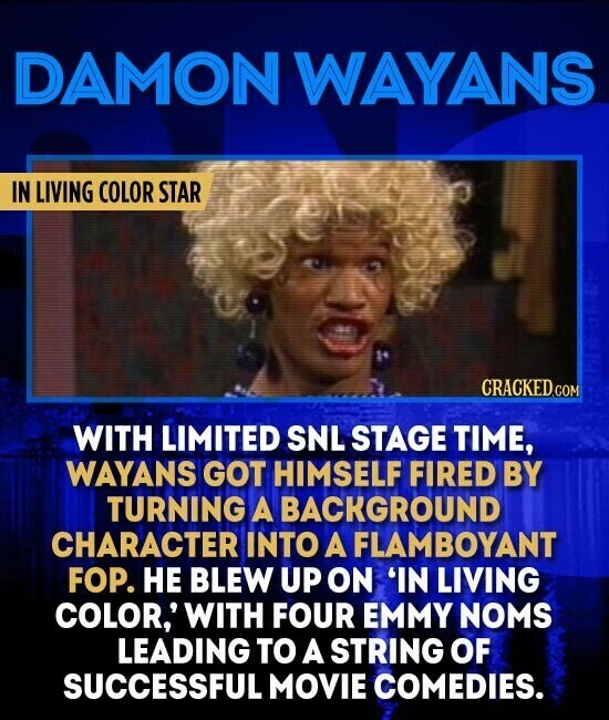 DAMON WAYANS IN LIVING COLOR STAR CRACKED.COM WITH LIMITED SNL STAGE TIME, WAYANS GOT HIMSELF FIRED BY TURNING A BACKGROUND CHARACTER INTO A FLAMBOYANT FOP. НЕ BLEW UP ON 'IN LIVING COLOR,' WITH FOUR EMMY NOMS LEADING TO A STRING OF SUCCESSFUL MOVIE COMEDIES.