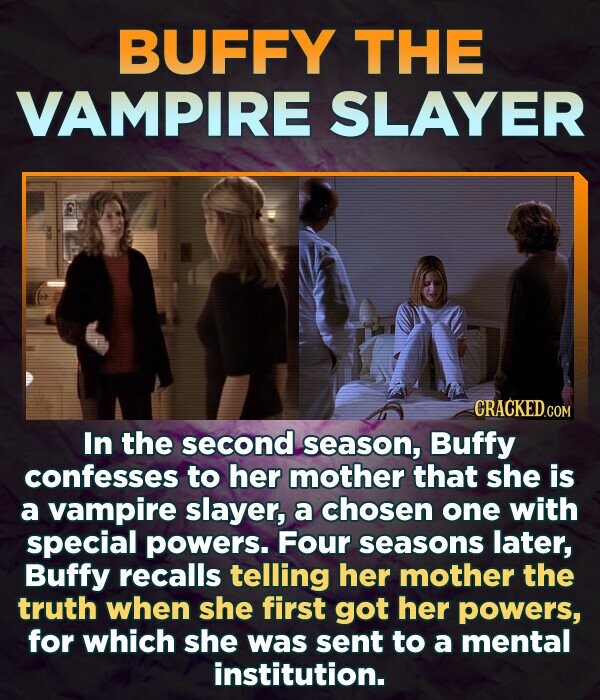 BUFFY THE VAMPIRE SLAYER CRACKED.COM In the second season, Buffy confesses to her mother that she is a vampire slayer, a chosen one with special powers. Four seasons later, Buffy recalls telling her mother the truth when she first got her powers, for which she was sent to a mental institution.