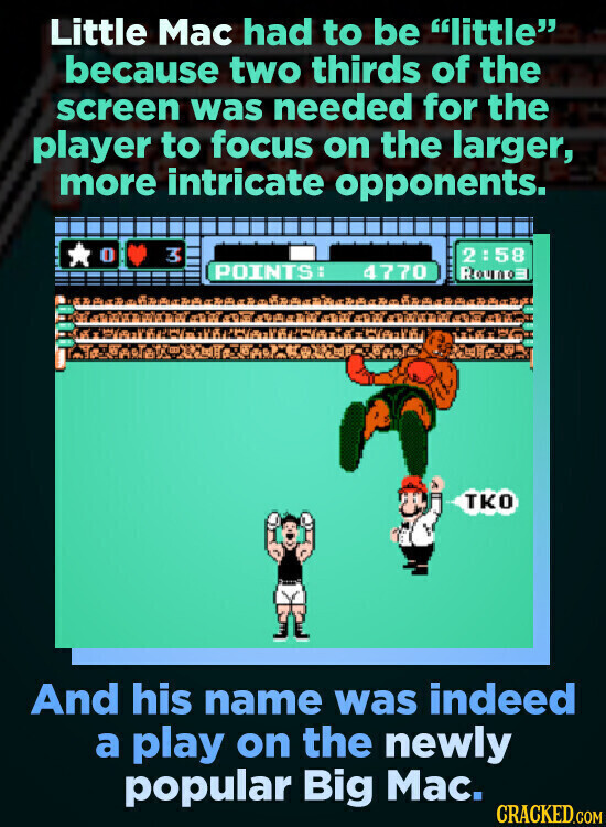 Little Mac had to be little because two thirds of the screen was needed for the player to focus on the larger, more intricate opponents. 3 2:58 POINTS 4770 Rounoa TKO And his name was indeed a play on the newly popular Big Mac. CRACKED.COM