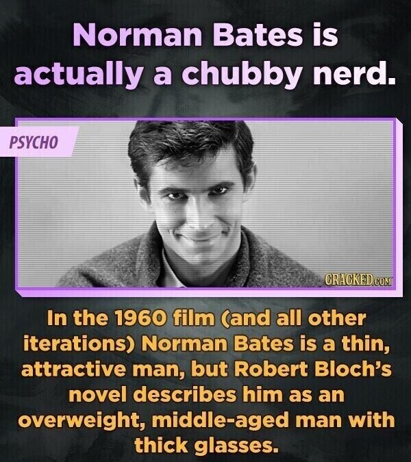 Norman Bates is actually a chubby nerd. PSYCHO CRACKED.COM In the 1960 film (and all other iterations) Norman Bates is a thin, attractive man, but Robert Bloch's novel describes him as an overweight, middle-aged man with thick glasses.
