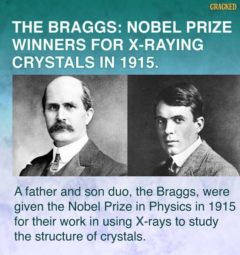 CRACKED THE BRAGGS: NOBEL PRIZE WINNERS FOR X-RAYING CRYSTALS IN 1915. A father and son duo, the Braggs, were given the Nobel Prize in Physics in 1915 for their work in using X-rays to study the structure of crystals.