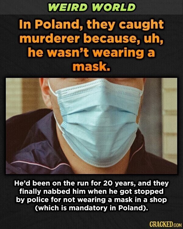 WEIRD WORLD In Poland, they caught murderer because, uh, he wasn't wearing a mask. He'd been on the run for 20 years, and they finally nabbed him when he got stopped by police for not wearing a mask in a shop (which is mandatory in Poland). CRACKED.COM