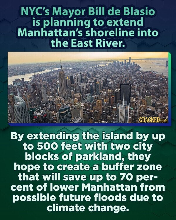 NYC's Mayor Bill de Blasio is planning to extend Manhattan's shoreline into the East River. CRACKED.COM By extending the island by up to 500 feet with two city blocks of parkland, they hope to create a buffer zone that will save up to 70 per- cent of lower Manhattan from possible future floods due to climate change.