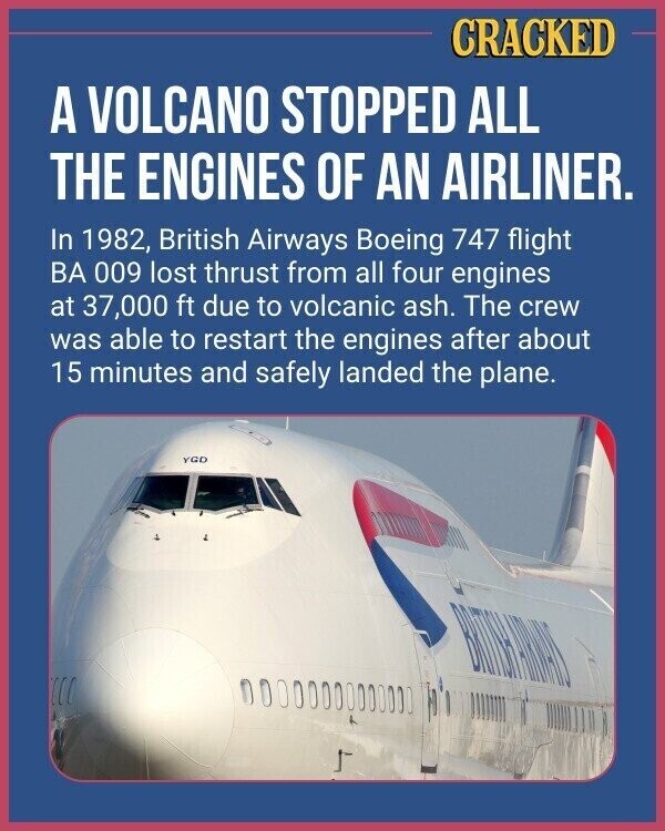 CRACKED A VOLCANO STOPPED ALL THE ENGINES OF AN AIRLINER. In 1982, British Airways Boeing 747 flight BA 009 lost thrust from all four engines at 37,000 ft due to volcanic ash. The crew was able to restart the engines after about 15 minutes and safely landed the plane. YGD BRITISHARDALL