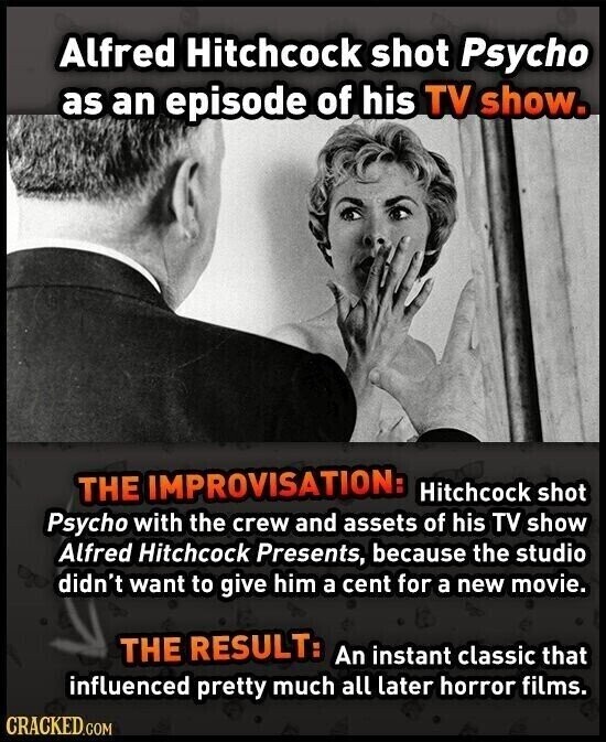 Alfred Hitchcock shot Psycho as an episode of his TV show. THE IMPROVISATION: Hitchcock shot Psycho with the crew and assets of his TV show Alfred Hitchcock Presents, because the studio didn't want to give him a cent for a new movie. THE RESULT: An instant classic that influenced pretty much all later horror films. CRACKED.COM