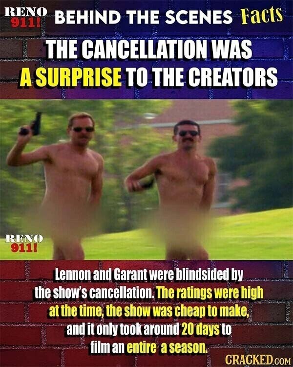 RENO 911! BEHIND THE SCENES Facts THE CANCELLATION WAS A SURPRISE TO THE CREATORS RENO 911! Lennon and Garant were blindsided by the show's cancellation. The ratings were high at the time the show was cheap to make, and it only took around 20 days to film an entire a season. CRACKED.COM