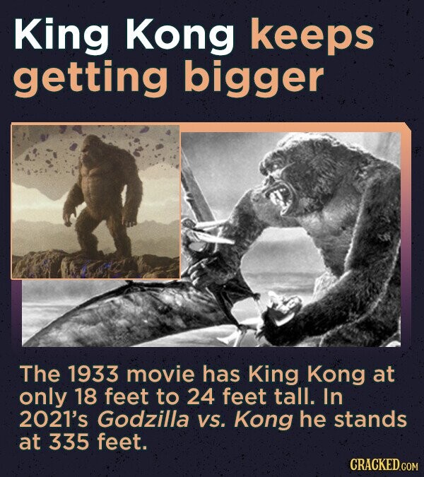 King Kong keeps getting bigger The 1933 movie has King Kong at only 18 feet to 24 feet tall. In 2021's Godzilla vs. Kong he stands at 335 feet. CRACKED.COM