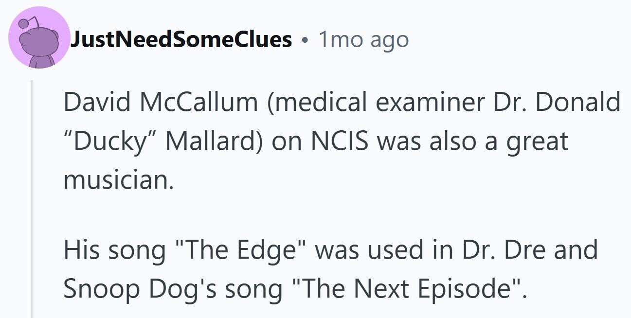 JustNeedSomeClues 1mo ago David McCallum (medical examiner Dr. Donald Ducky Mallard) on NCIS was also a great musician. His song The Edge was used in Dr. Dre and Snoop Dog's song The Next Episode.