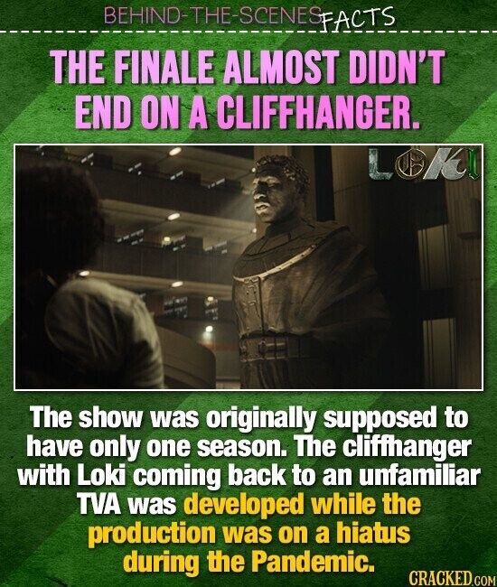 BEHIND-THE-SCENES FACTS THE FINALE ALMOST DIDN'T END ON A CLIFFHANGER. LOK The show was originally supposed to have only one season. The cliffhanger with Loki coming back to an unfamiliar TVA was developed while the production was on a hiatus during the Pandemic. CRACKED.COM