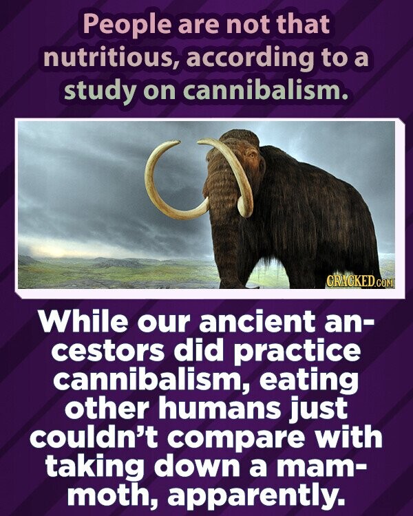 People are not that nutritious, according to a study on cannibalism. GRACKED.COM While our ancient an- cestors did practice cannibalism, eating other humans just couldn't compare with taking down a mam- moth, apparently.