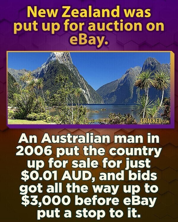 New Zealand was put up for auction on eBay. CRACKED COM An Australian man in 2006 put the country up for sale for just $0.01 AUD, and bids got all the way up to $3,000 before eBay put a stop to it.