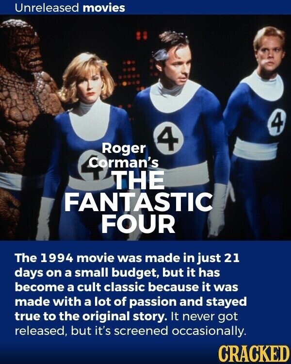 Unreleased movies 4 4 Roger Corman's THE FANTASTIC FOUR The 1994 movie was made in just 21 days on a small budget, but it has become a cult classic because it was made with a lot of passion and stayed true to the original story. It never got released, but it's screened occasionally. CRACKED