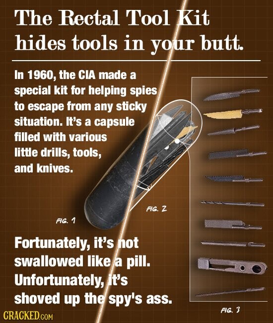 The Rectal Tool Kit hides tools in your butt. In 1960, the CIA made a special kit for helping spies to escape from any sticky situation. It's a capsule filled with various little drills, tools, and knives. FIG. Z FIG. 1 Fortunately, it's not swallowed like a pill. Unfortunately, it's shoved up the spy's ass. FIG. 3 CRACKED.COM