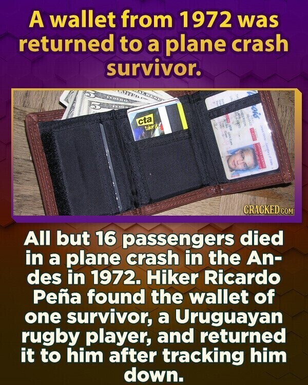 A wallet from 1972 was returned to a plane crash survivor. 1 AND LAKE you I cta take CHIC il Class LOCOL Date I Sampley S a DONOR PRODUTO CRACKED.COM All but 16 passengers died in a plane crash in the An- des in 1972. Hiker Ricardo Peña found the wallet of one survivor, a Uruguayan rugby player, and returned it to him after tracking him down.