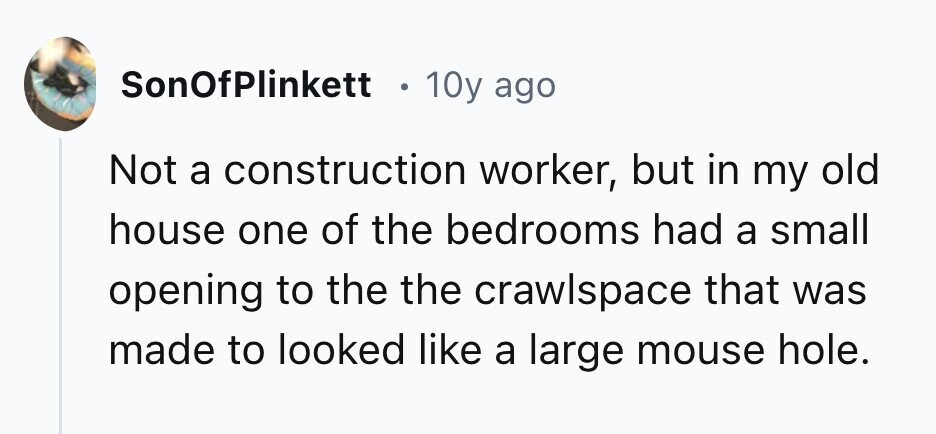 SonOfPlinkett 10y ago Not a construction worker, but in my old house one of the bedrooms had a small opening to the the crawlspace that was made to looked like a large mouse hole.