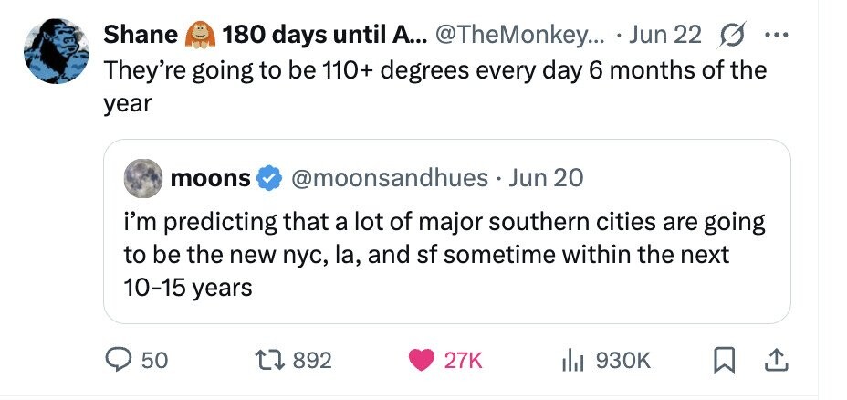 Shane 180 days until А... @TheMonkey... Jun 22 ... They're going to be 110+ degrees every day 6 months of the year moons @moonsandhues Jun 20 i'm predicting that a lot of major southern cities are going to be the new пус, la, and sf sometime within the next 10-15 years 50 892 27K 930K