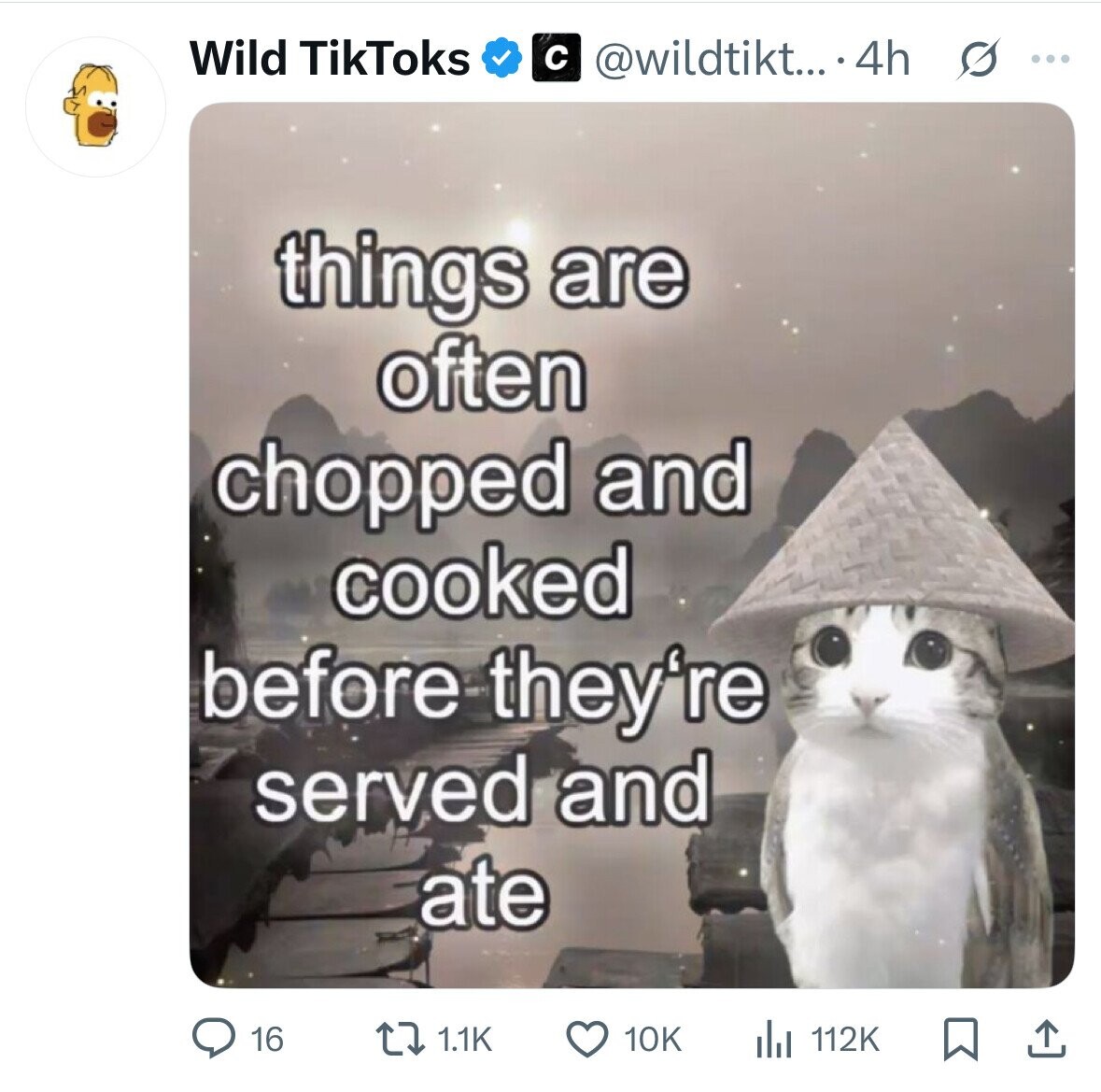 Wild TikToks с @wildtikt... .4h s ... things are often chopped and cooked before they're served and ate 16 1.1K 10K 112K 