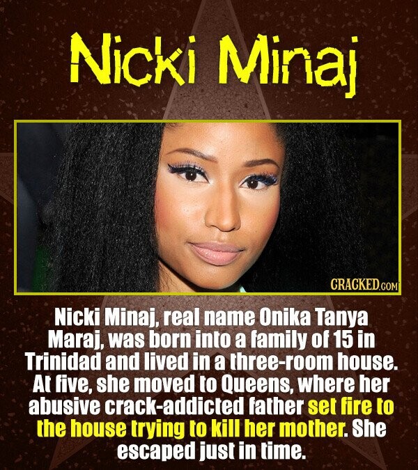 Nicki Minaj CRACKEDcO Nicki Minaj, real name Onika Tanya Maraj, was born into a family of 15 in Trinidad and lived in a three-room house. Al five, she