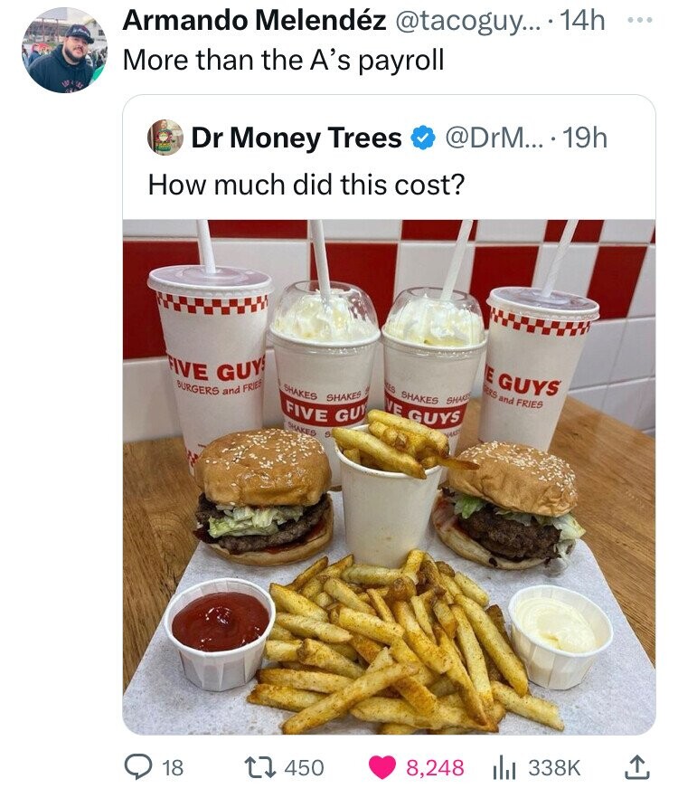 Armando Melendéz @tacoguy... . 14h ... More than the A's payroll @DrM... .19h Dr Money Trees How much did this cost? FIVE BURGERS GUY and FRIES E GUYS ES SHAKES SHAKES SHAKES FIVE SHAKES GUY ERS and FRIES VE GUYS SHAKES S VA 18 450 8,248 338K
