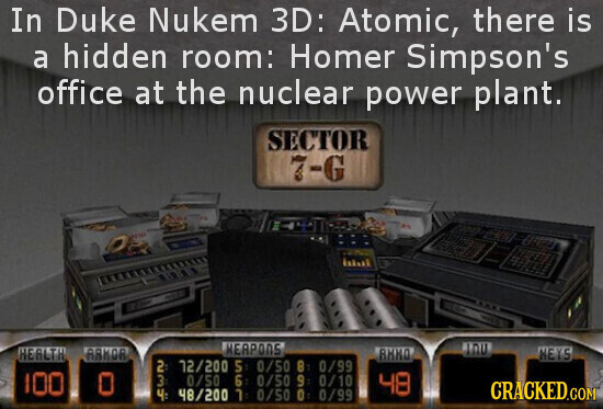 In Duke Nukem 3D: Atomic, there is a hidden room: Homer Simpson's office at the nuclear power plant. SECTOR 7-G HERPONS IDU HEALTH ARKOR ВИНО HEYS 3 72/200 5: 0/50 8 0/99 100 0 0/50 6: 0/50 9: 0/10 48 CRACKED.COM 48/200 1: 0/50 0 0/99
