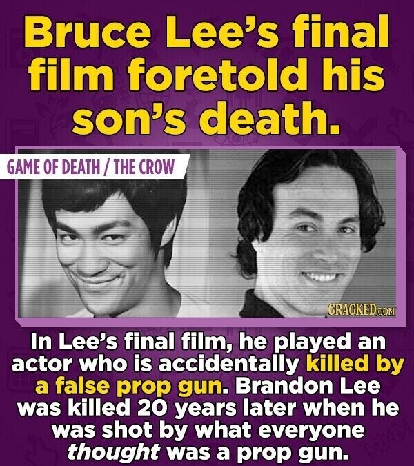 Bruce Lee's final film foretold his son's death. GAME OF DEATH/THE CROW CRACKED.COM In Lee's final film, he played an actor who is accidentally killed by a false prop gun. Brandon Lee was killed 20 years later when he was shot by what everyone thought was a prop gun.