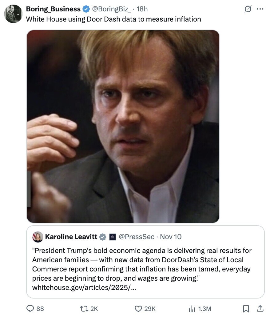 s ... Boring_Business @BoringBiz_ 18h White House using Door Dash data to measure inflation Karoline Leavitt @PressSec Nov 10 President Trump's bold economic agenda is delivering real results for American families-with new data from DoorDash's State of Local Commerce report confirming that inflation has been tamed, everyday prices are beginning to drop, and wages are growing. whitehouse.gov/articles/2025/... 88 2K 29K del 1.3M 