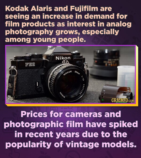 Kodak Alaris and Fujifilm are seeing an increase in demand for film products as interest in analog photography grows, especially among young people. + Nikon - en ISLAN FE2 NIKKOR 50mm BOTLEES 1:14 Nikon CRACKED.COM Prices for cameras and photographic film have spiked in recent years due to the popularity of vintage models.