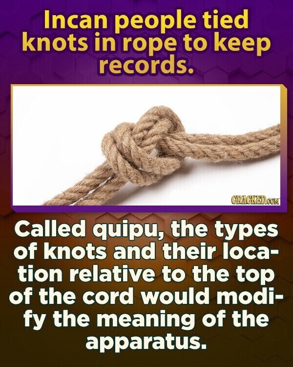Incan people tied knots in rope to keep records. GRAGKED.COM Called quipu, the types of knots and their loca- tion relative to the top of the cord would modi- fy the meaning of the apparatus.