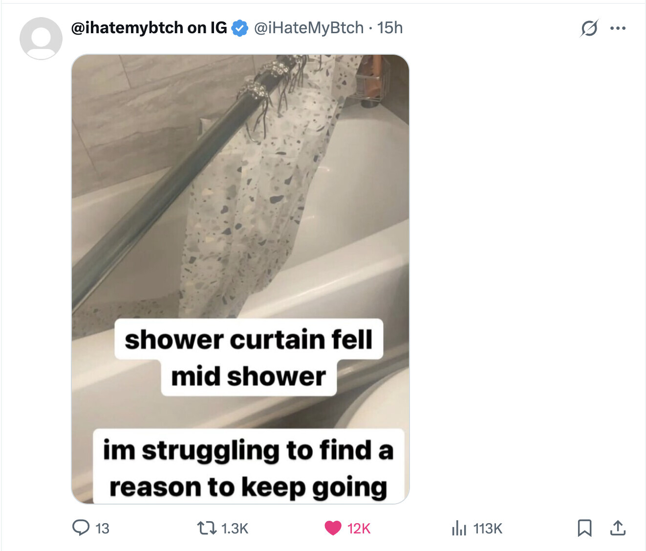 @ihatemybtch on IG @iHateMyBtch . 15h S ... shower curtain fell mid shower im struggling to find a reason to keep going 13 1.3K 12K del 113K 